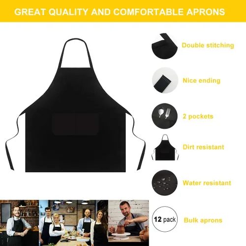 Vista 3 de Delantal con babero negro para mujeres, hombres, adultos, chef, paquete de 12 delantales de cocina a granel con bolsillos para cocinar, hornear