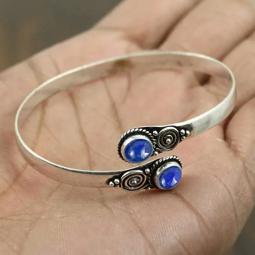 Vista 3 de Espejo piedra lunar natural lapislázuli labradorita brazalete de forma redonda piedra preciosa 925 plata superposición hecha a mano brazalete joyería