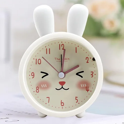 Vista 2 de Reloj despertador de silicona silencioso sin tictac para niños, con diseño de animal, para viajes, con luz nocturna (A- conejo blanco)
