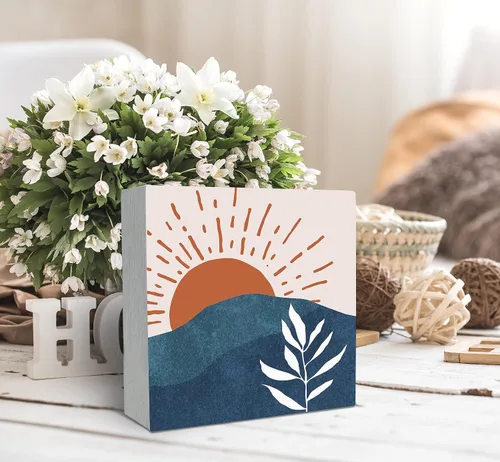 Vista 3 de SRADMO Caja de madera abstracta con hojas botánicas de sol y sol, sol, azul marino, montaña, caja de madera, decoración de escritorio, caja