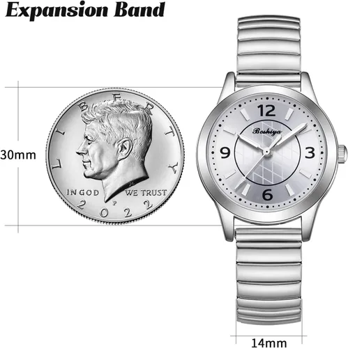 Vista 3 de BOSHIYA Relojes para mujer Easy Reader de 1.181 in de acero inoxidable con banda de expansión plateada dorada para mujer, reloj de pulsera pequeño
