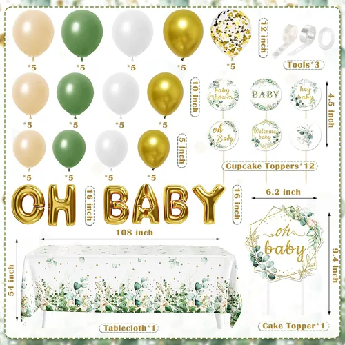 Vista 3 de Decoración de baby shower verde salvia para niñas y niños, 99 piezas, suministros de fiesta neutros con mantel de telón de fondo Oh Baby, kit