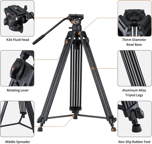Vista 7 de Sistema de trípode de video Cayer BV30L, trípode de aluminio de doble tubo resistente de 72" con cabezal fluido K3, base plana de 75mm, carga máxima