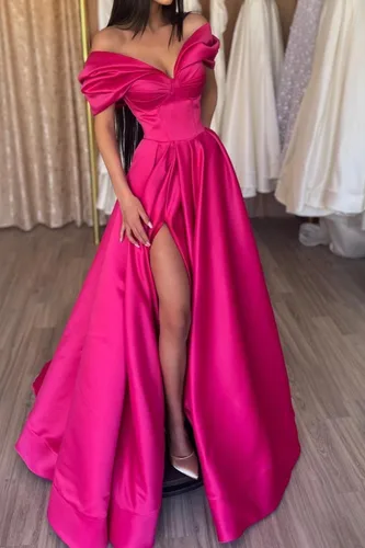 Vista 2 de Miao Duo Vestidos de fiesta de novia con hombros descubiertos para mujer, largos con bolsillos, plisados, vestidos de noche formales de satén