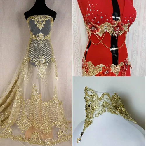 Vista 5 de IDONGCAI Cinta metálica de lentejuelas 3D con ribete de encaje dorado vintage para alteraciones de vestidos de novia, manualidades de cabaña