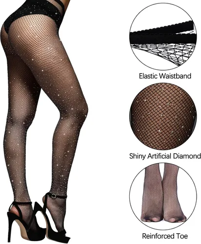 Vista 3 de URATOT Paquete de 3 medias de malla para mujer con diamantes de imitación de talla grande