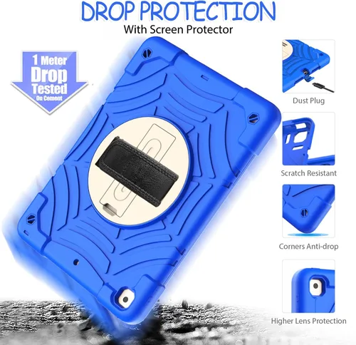 Vista 4 de BMOUO Funda para iPad de 9ª/8ª/7ª generación -10.2 pulgadas 2021/2020/2019 con protector de pantalla, soporte giratorio de 360º correa de mano