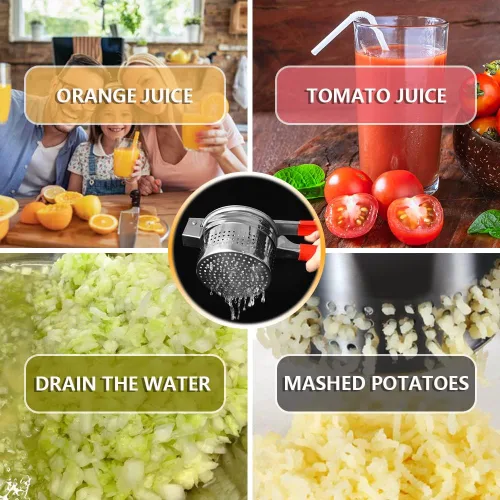 Vista 7 de Exprimidor de verduras de acero inoxidable de 13.5 onzas, mango de silicona roja antideslizante, exprimidor de agua vegetal de metal para exprimir