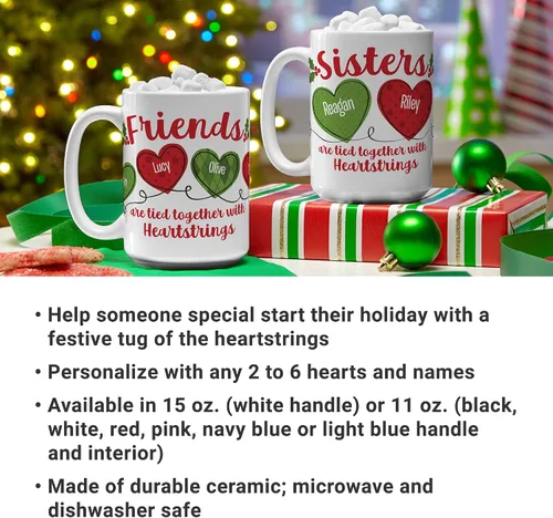 Vista 5 de Let's Make Memories Taza de Navidad personalizada, para amigos, taza de café personalizada, Heartstrings - 2-6 nombres - Mango blanco e