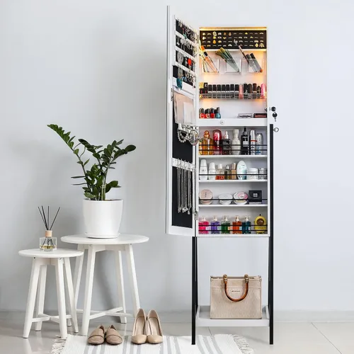 Vista 6 de Bonnlo Armario de joyería de cuerpo entero, armario de joyería con cerradura con luz LED, caja de joyería independiente, organizador de gran