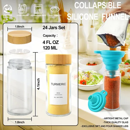 Vista 3 de AISIPRIN - 24 frascos de vidrio para especias con 398 etiquetas, frascos redondos de 118 ml para condimentos con tapas herméticas de bambú, juego