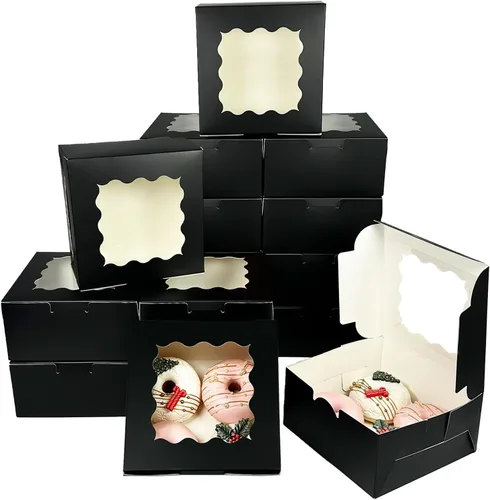 Vista 11 de Bakepacker 60 cajas de papel kraft para panadería con ventana de 6 x 6 x 3 pulgadas de grosor y resistentes cajas de pastelería de macarrones