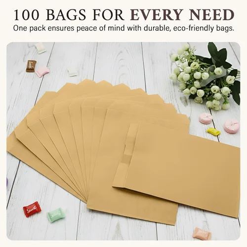 Vista 4 de RJ Displays 100 Pack Brown Kraft Paper Merchandise Tote Bags Small Paper Gift Shopping Bags Bulk for Magazines, Books, Party Favors, Retail Sales