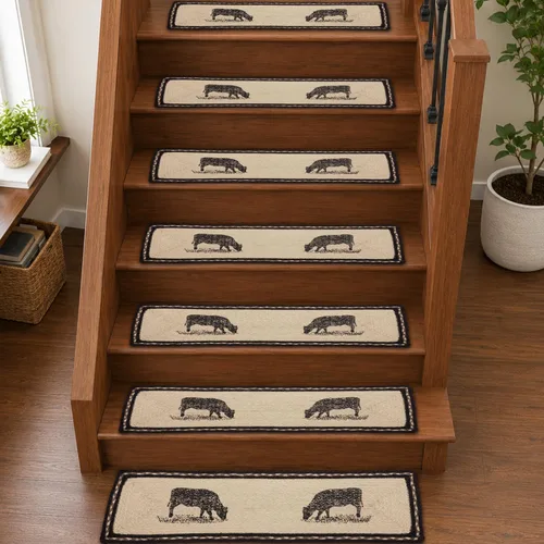 Vista 7 de VHC Brands Farmhouse Flooring Miller Farm - Alfombra de escalera rectangular con estampado de yute, vaca, color blanco blanqueado