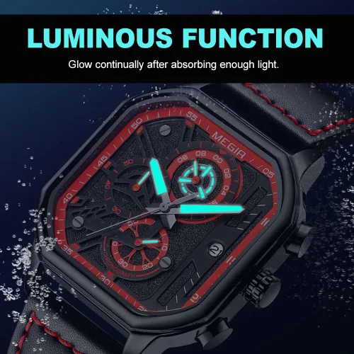 Vista 6 de MEGIR Squre - Reloj de pulsera para hombre, cronógrafo luminoso, analógico, de cuarzo, con correa de cuero