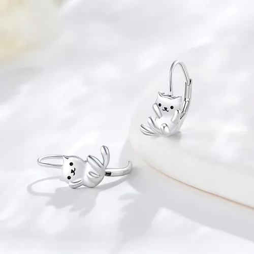 Vista 3 de Aretes de plata de ley 925 con diseño de gato, bonitos aretes de gato con diseño de gatito, joyería de regalo para mujeres y niñas, aretes