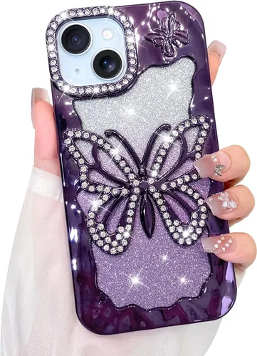 Vista 31 de Bonoma Funda con purpurina para iPhone 13 Pro Max, bonita funda 3D con patrón de chapado en degradado de mariposa de diamante, protección de cámara