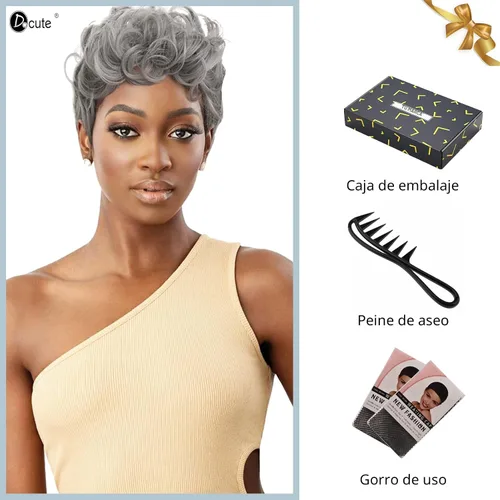 Vista 8 de DOcute Peluca gris para personas negras, corte pixie con flequillo, peluca rizada corta para mujeres negras, peluca rizada esponjosa para mujeres