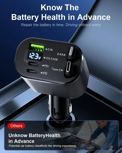 Vista 5 de Cargador de coche rápido 5 en 1 con puertos USB-A y USB-C, carga de alta velocidad de 75 W, cables retráctiles USB-C y Lightning, compatible