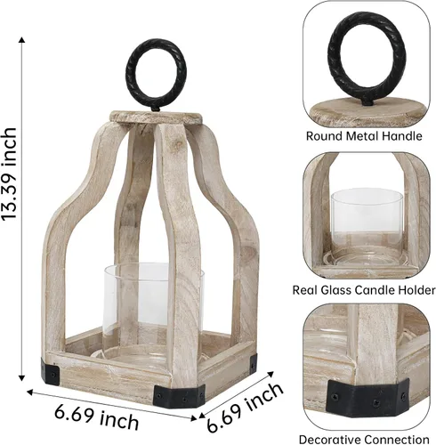 Vista 4 de SWALLOWLIVING Farol Huracán de Madera Rústica de Granja de 13" con Portavelas de Vidrio para Patio, Centro de Mesa, Lavado en Blanco