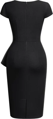 Vista 2 de Knitee Vestido de cóctel ajustado para mujer, estilo vintage, con volantes, con lentejuelas, cinturón para trabajo, negocios, oficina, cóctel