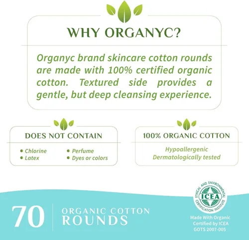 Vista 5 de Organyc - Rondas de Algodón 100% Orgánico Certificado - Algodón Biodegradable, Libre de Químicos, para Piel Sensible (420 Recuentos) - Cosmética