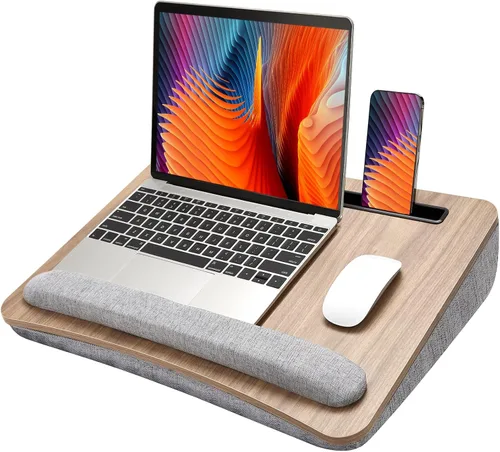 Vista 11 de HUANUO Escritorio de regazo para laptop, escritorio portátil con cojín de almohada, se adapta a portátiles de hasta 17 pulgadas, con tira Negro
