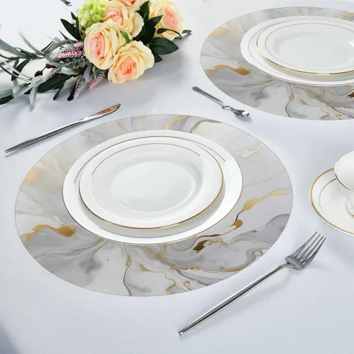 Vista 4 de Round Placemats Set of 6, White Golden Marble Print Heat Resistant Washable Place Mats Table Mat for Kitchen Dining Party