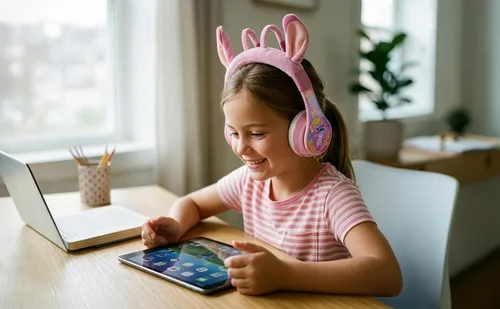 Vista 5 de Disney Stitch Angel - Auriculares Bluetooth para niños, auriculares inalámbricos