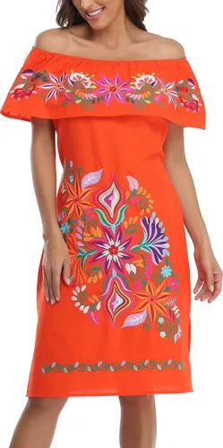Vista 4 de YZXDORWJ Vestido bordado mexicano para mujer, cuello con volantes, sin mangas