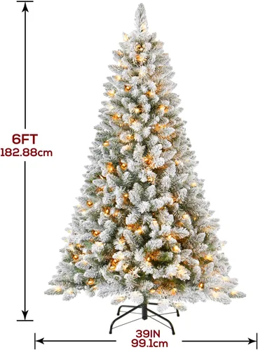 Vista 2 de Árbol de Navidad artificial de 1.8 m con nieve esmerilada preiluminada, árbol de Navidad artificial con 250 luces LED que cambian de color cálido