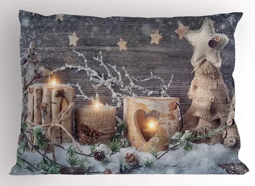 Vista 29 de Ambesonne Juego de 2 fundas de almohada navideñas, diseño de estrellas de Navidad y copos de nieve, letras retro, ropa de cama de microfibra