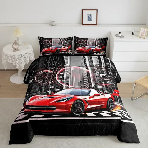 Vista 42 de Feelyou Juego de edredón azul de carreras para niños, juego de ropa de cama de coche deportivo para niños y niños, edredón deportivo geométrico a