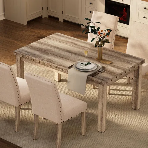 Vista 8 de Morden Fort Juego de Comedor Estilo Granja para 4, Mesa Rectangular de Madera de 60" y 4 Sillas Tapizadas con Detalles de Tachuelas, Juego de Mesa