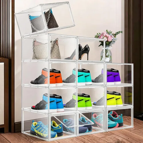 Vista 8 de 1 Pack Clear Shoe Storage Boxes Stackable, Large Sneaker Organizer with Acrylic Magnetic Door, Plastic Drop Front Shoe Containers for Men up to