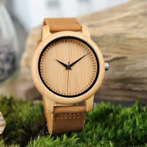 Vista 4 de BOBO BIRD Reloj de madera de bambú para hombre y mujer con correa de cuero de vaca marrón, relojes casuales de cuarzo analógico