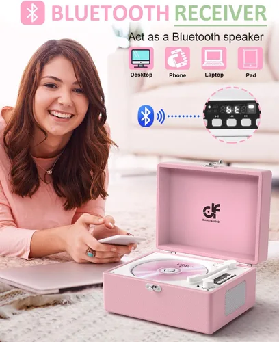 Vista 6 de Reproductor de CD con altavoces estéreo, transmisión inalámbrica de entrada/salida Bluetooth, batería recargable, reproductor de CD retro USB