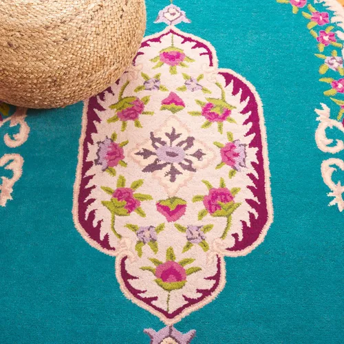 Vista 5 de SAFAVIEH Bellagio Collection - Alfombra decorativa de 2 x 3 pies, azul y rosa, hecha a mano de lana de medallón, ideal para zonas de alto tráfico