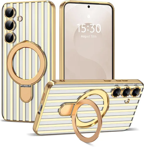 Vista 40 de Funda compatible con Samsung Galaxy S24 Plus con soporte de anillo magnético [compatible con Mag-Safe] protector de lente de cámara chapado Dorado