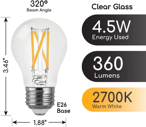 Vista 3 de Euri Lighting VA15-3020e-4 LED regulable A15, 4.5 W (50 W igual) blanco cálido (2700 K), 450 lm, 80CRI, vidrio transparente, ángulo de haz de 320°