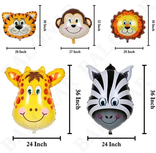 Vista 2 de BALONAR 5 globos de aluminio de 32 pulgadas, diseño de león, cebra, mono, graffe, globos de animales para fiestas de cumpleaños infantiles