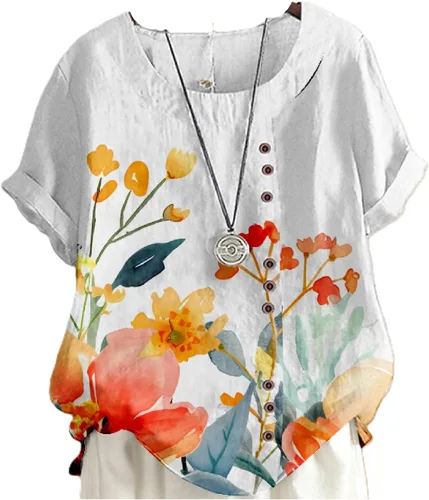 Vista 24 de domirica Camisetas de verano para mujer 2024 con estampado de flores, algodón, lino, manga corta, cuello redondo, camisas casuales de moda
