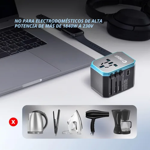 Vista 8 de Adaptador de viaje universal, adaptador de enchufe internacional Unidapt de 5.6A, alimentación inteligente 3.0A 4 USB 1 tipo C, adaptador
