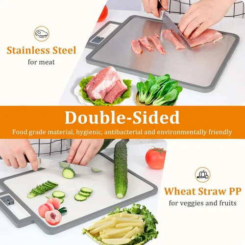 Vista 2 de Tabla de cortar de acero inoxidable 2 en 1, antibacterias, no tóxicas, utensilios de cocina de grado alimenticio, tablas de cortar de doble cara
