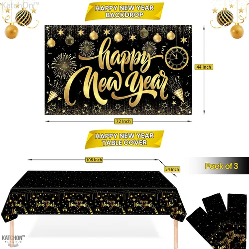 Vista 3 de KatchOn, Juego enorme de decoraciones de mesa de Año Nuevo, paquete de 117 Suministros de fiesta de Feliz Año Nuevo 2026 Cartel de Feliz Año