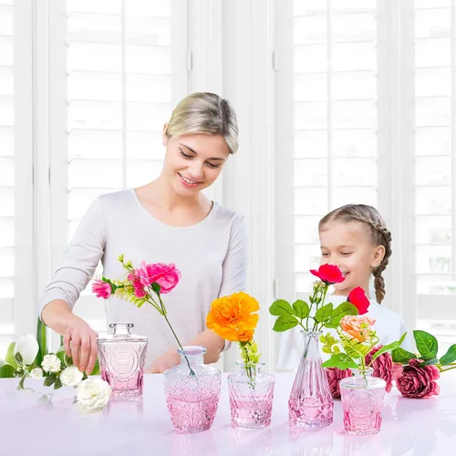 Vista 2 de Juego de 24 jarrones pequeños de cristal rosa para centros de mesa de fiesta Flaco, Floral, Boda, Jardín, Decoraciones de Mesa, Entradas, Hogar