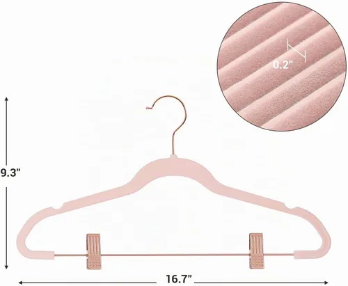 Vista 7 de SONGMICS Paquete de 24 Perchas para Pantalones, Perchas para Abrigos de 16.7 Pulgadas con Clips Móviles de Color Oro Rosa, Resistentes Rosa claro