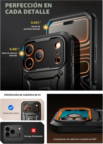 Vista 7 de SUPCASE - Funda para iPhone 17 Pro Max con función atril y protector de pantalla, color negro Built-in Camera Control Button, Detachable Belt