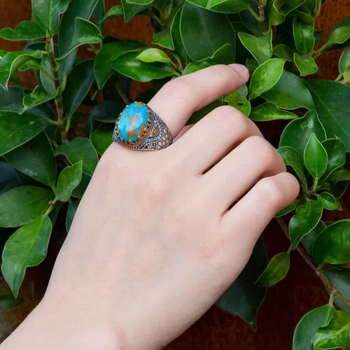 Vista 3 de Retro Natural Turquoise Ring for Men, 925 Sterling Silver Oval Sky Blue Stone Statement Ring,Turkish Vintage Engraving Design Handmade