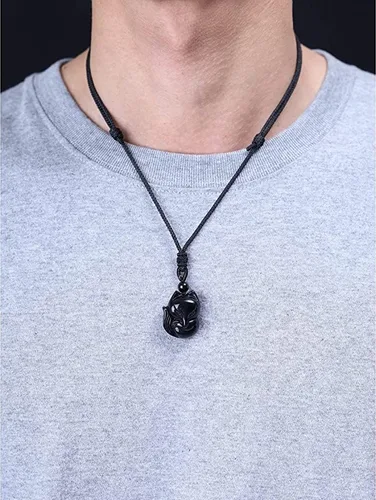 Vista 2 de Collar de obsidiana negra de zorro de la suerte, piedra natural, colgante de cristal curativo, amuleto de protección, joyería colgante de piedras